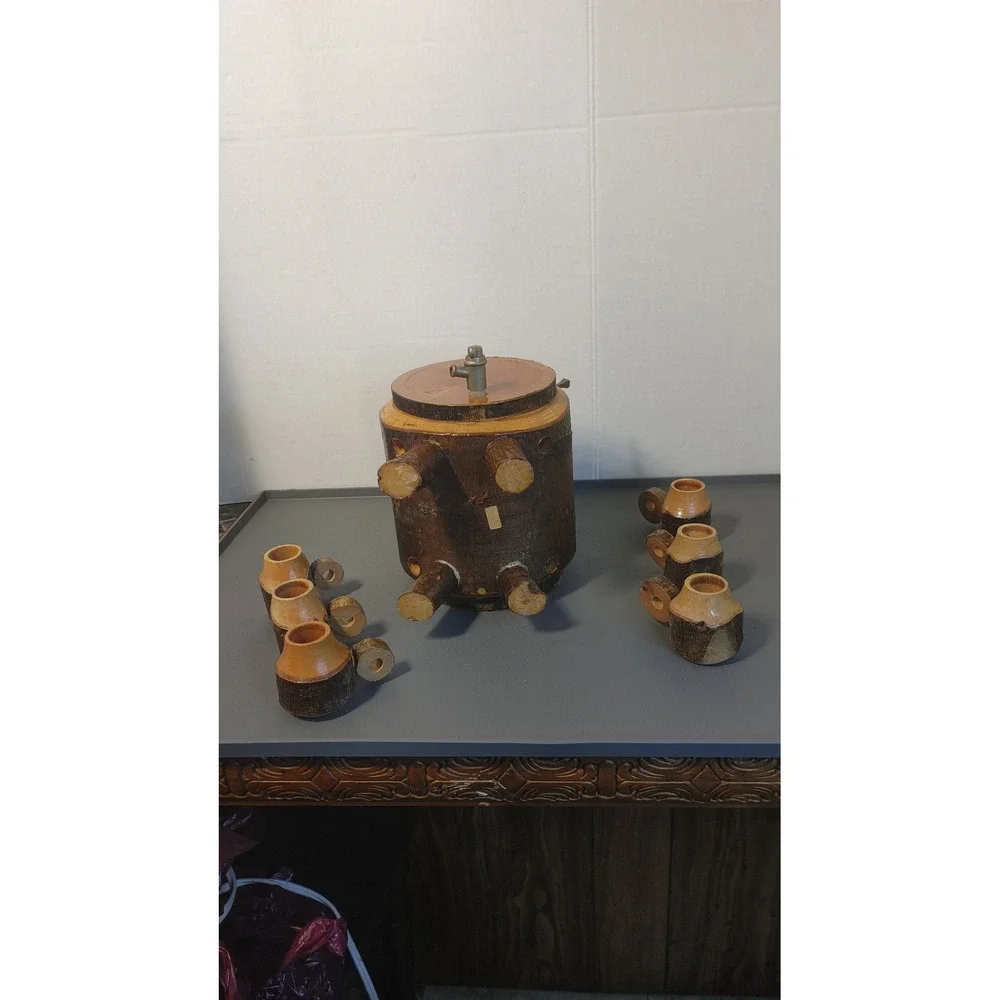 Vintage Handmade Rustic Wood Barrel Liquor Dispenser Set 7pc Brown Folk Art